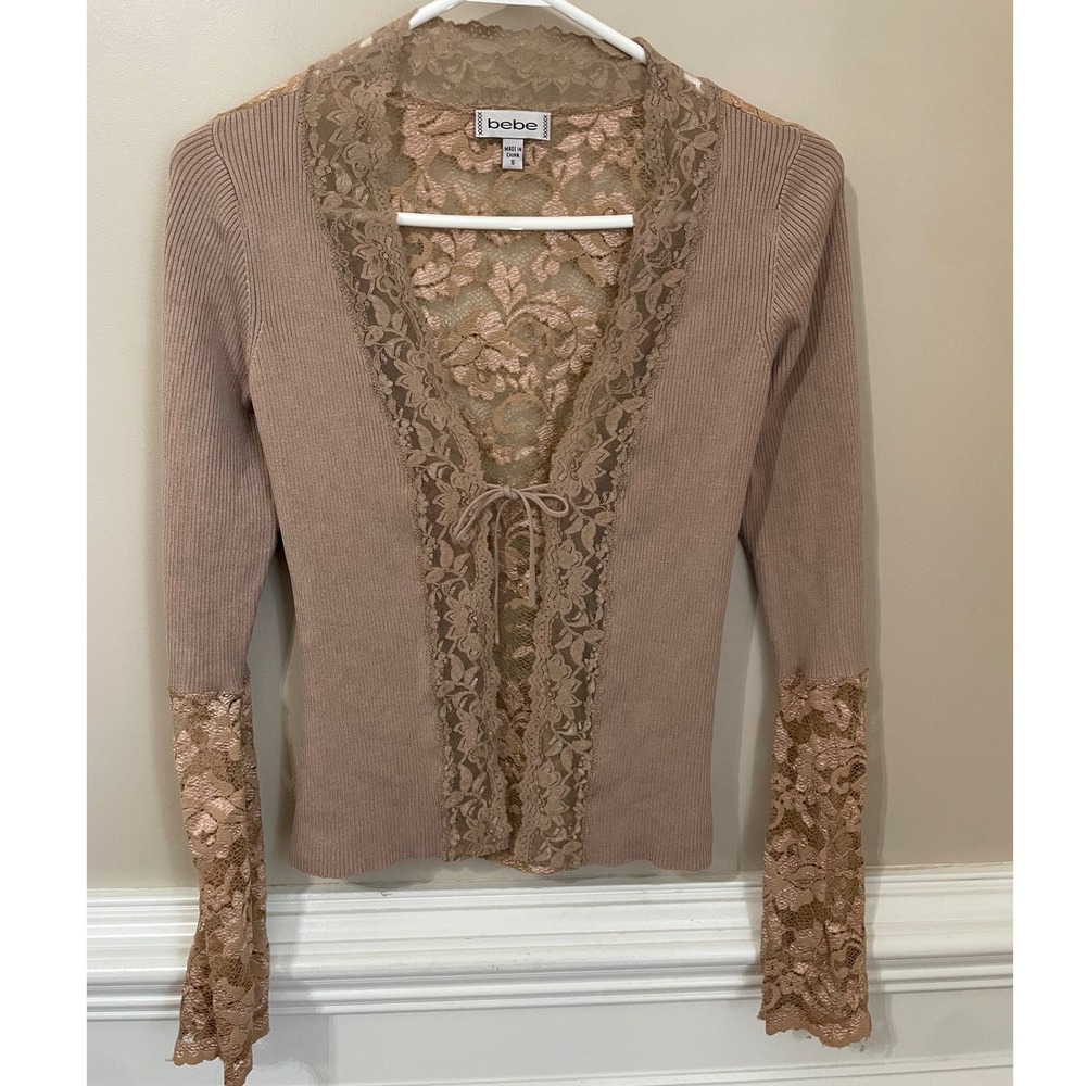 Bebe Vtg Y2K Size S Silk Knit Lace Tie Front Cardigan Taupe Rose Gold Fairy